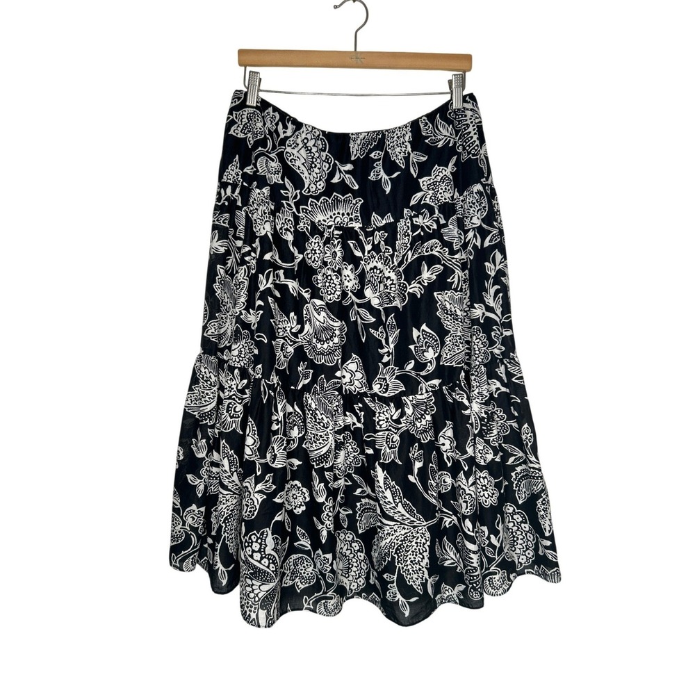 Lauren Ralph Lauren Black White Floral Tiered Cotton Midi Skirt M Lined Flowy